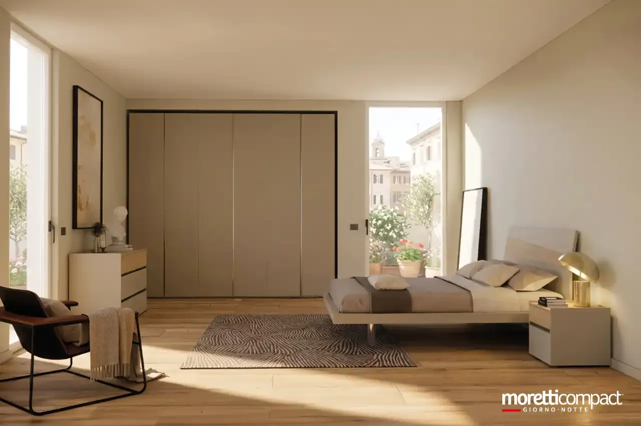 Camera da letto Prime PR5 Moretti Compact con armadio battente a gola e letto Icaro