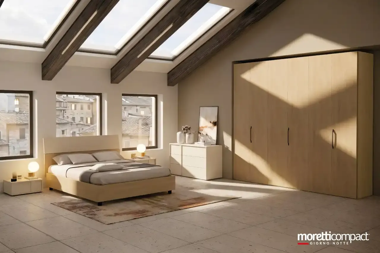 Camera da letto Prime PR6 Moretti Compact con armadio in rovere miele e letto Mix sotto le travi