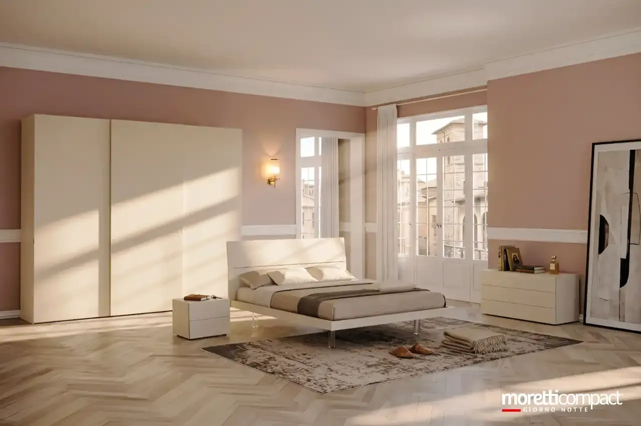 Camera da letto Prime PR9 Moretti Compact con armadio scorrevole crema e letto Mix su piedini