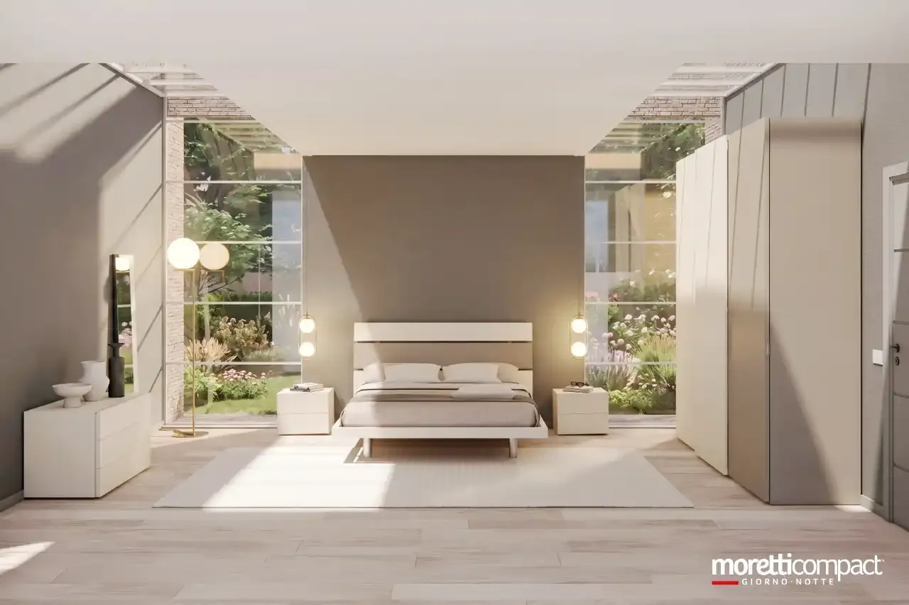 Camera da letto Prime PR10 Moretti Compact con letto Tree crema e perla e armadio scorrevole
