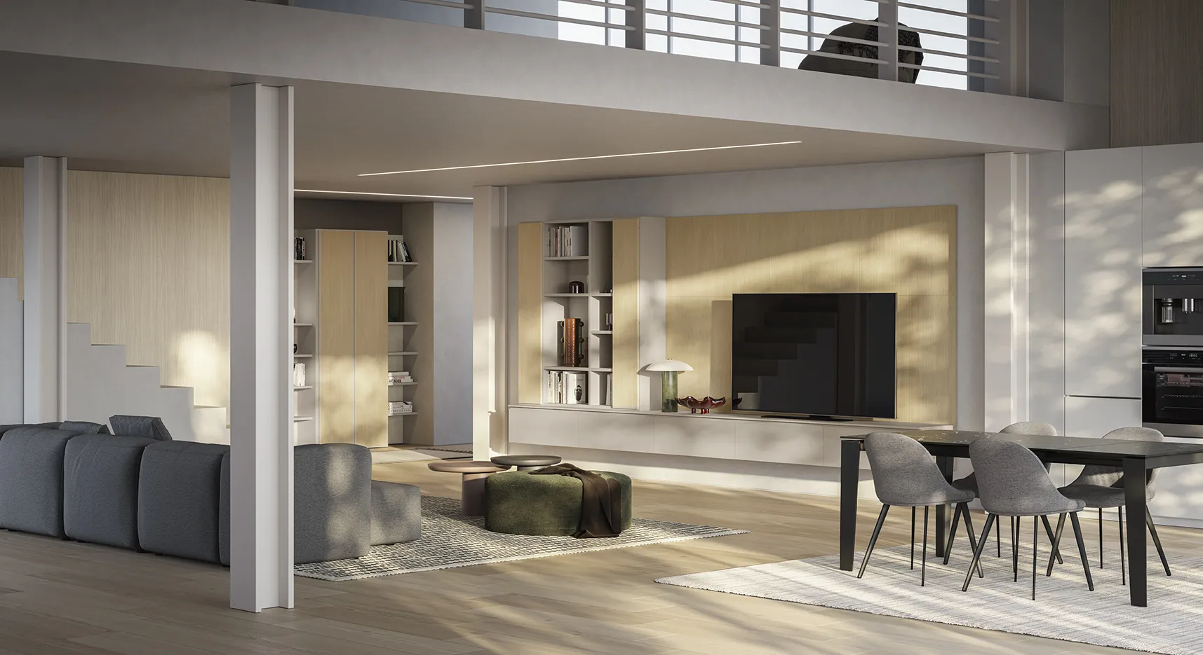 Open space Living Space L'appartamento duplex Colombini con boiserie in legno chiaro e colonna libreria