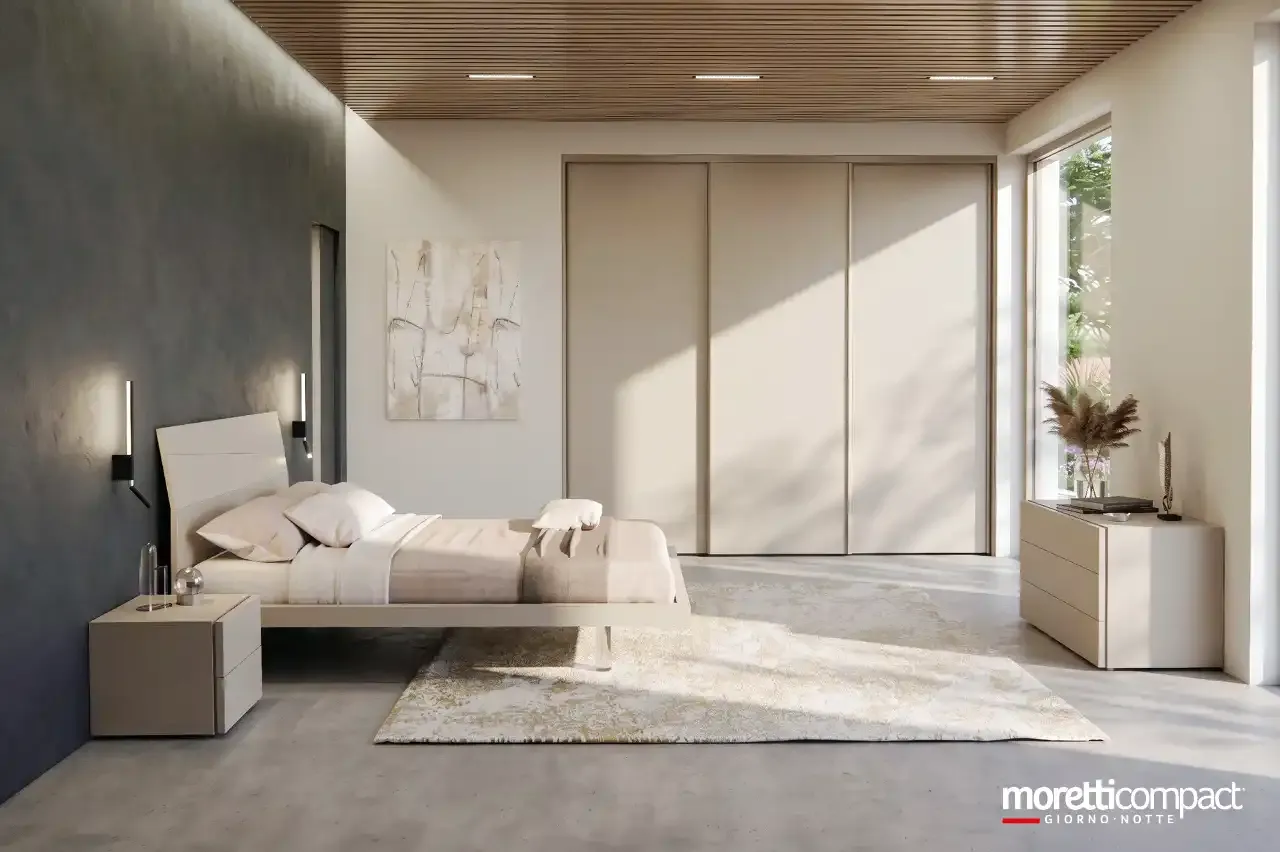 Camera da letto Prime PR12 Moretti Compact con letto Icaro tortora e armadio scorrevole a parete