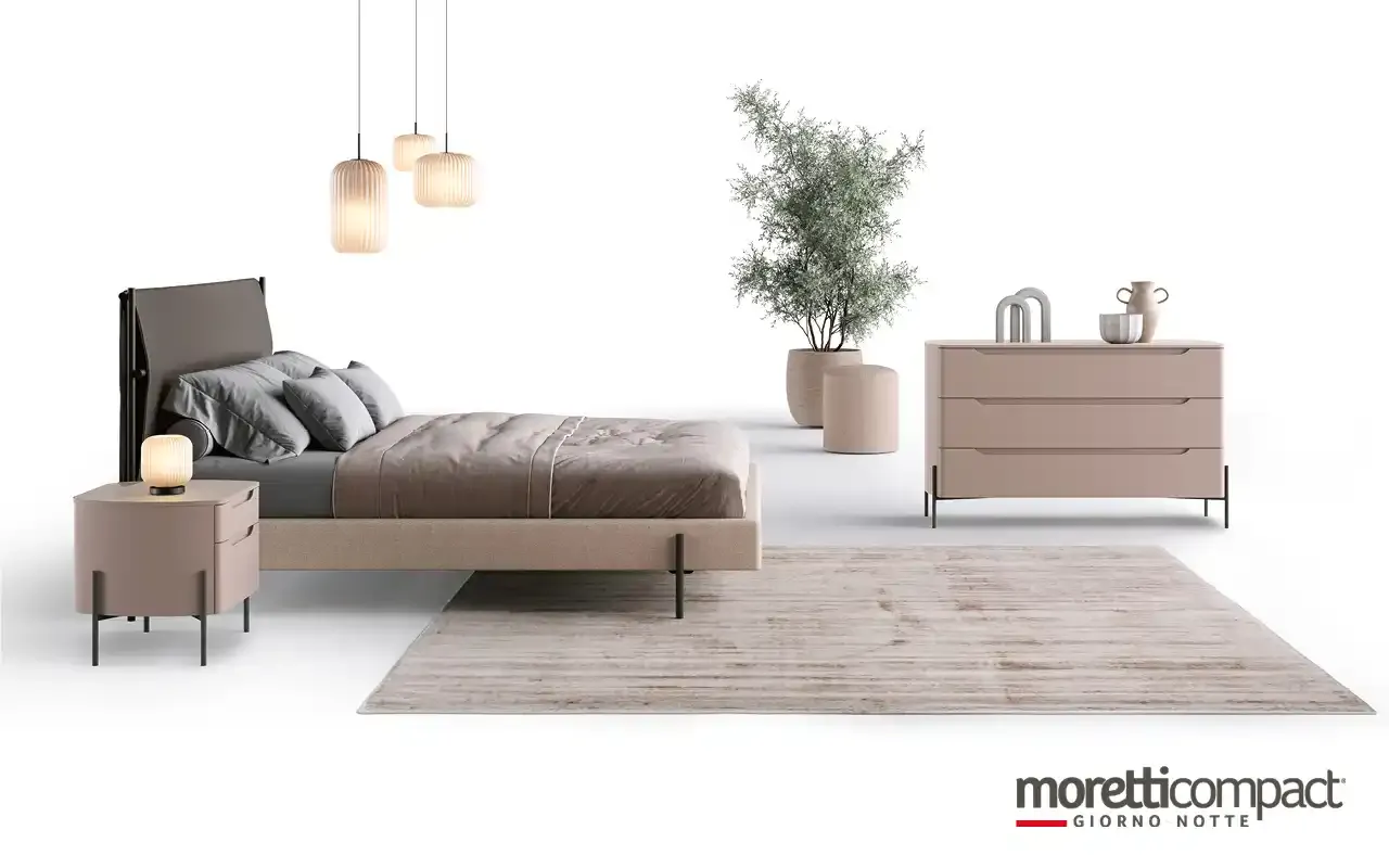 Camera da letto Ambra A11 Moretti Compact con comò e comodino rosa e letto Rigel