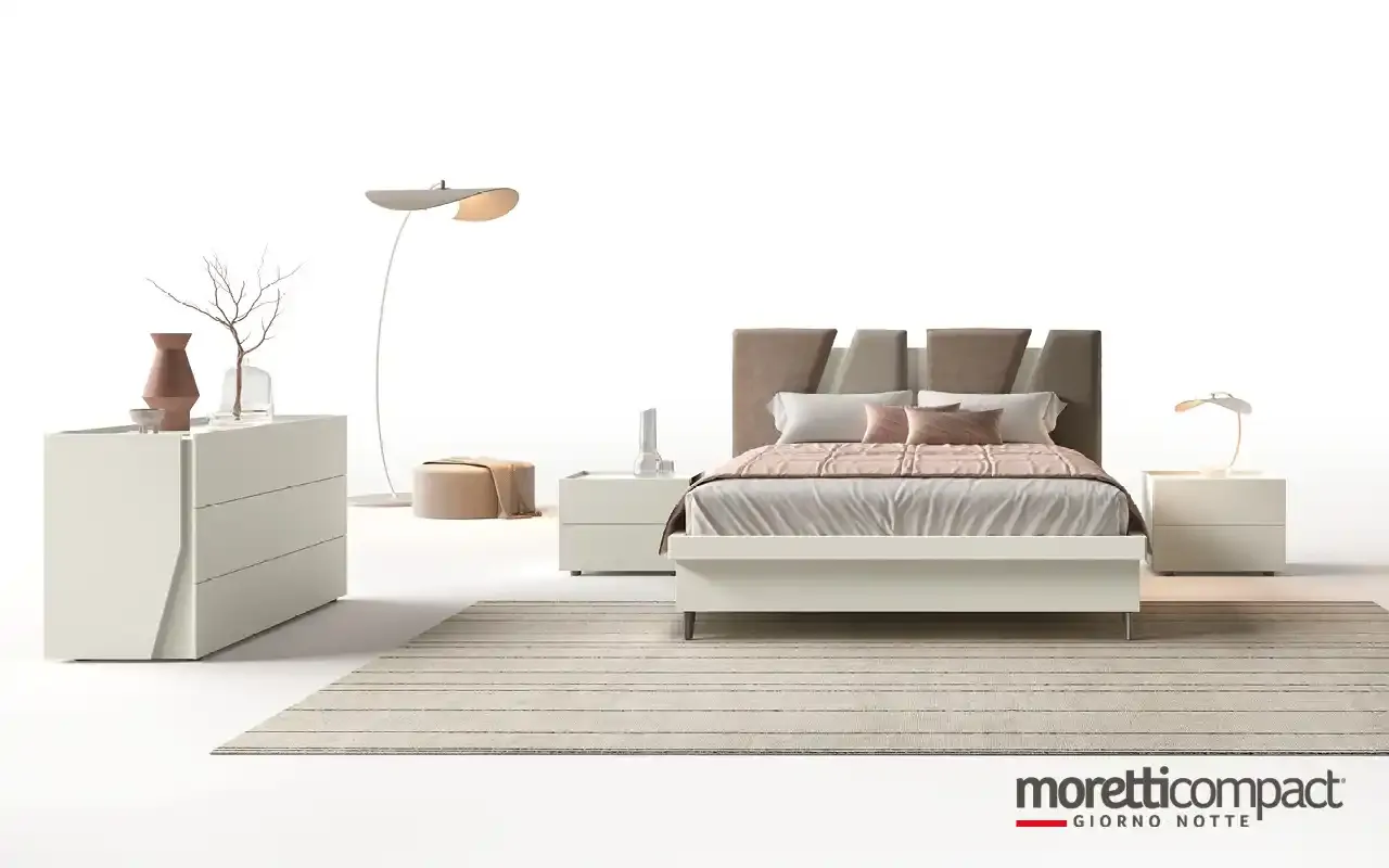 Camera da letto Brezza B11 Moretti Compact con comò grigio seta e letto imbottito a pannelli