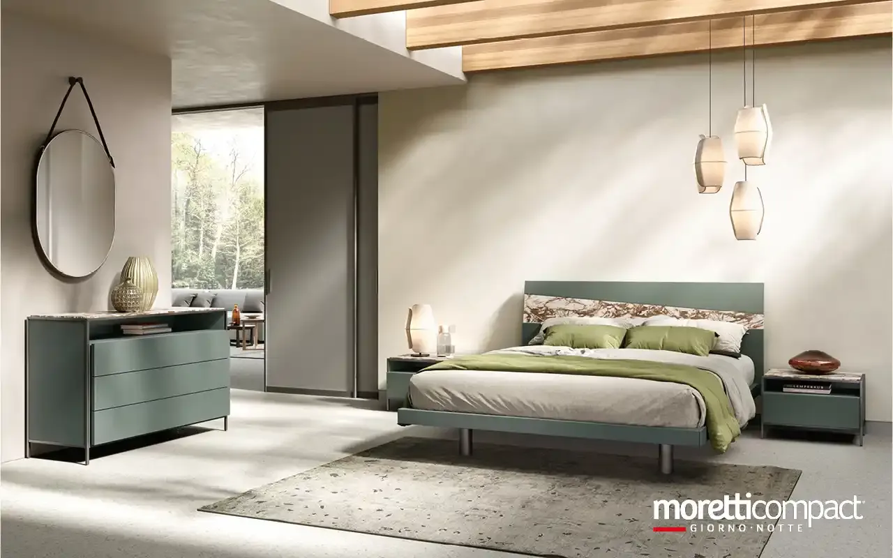 Camera da letto Frame F12 Moretti Compact verde muschio con letto e comò dal top effetto marmo