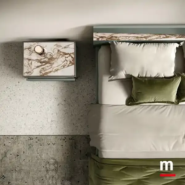 Letto della camera Frame F12 Moretti Compact visto dall'alto con comodino effetto marmo