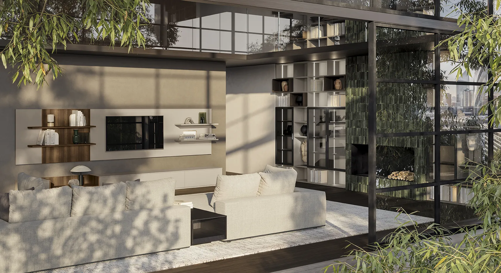 Soggiorno Living Space L'appartamento duplex Colombini con parete a pannelli e libreria antracite a tutta altezza