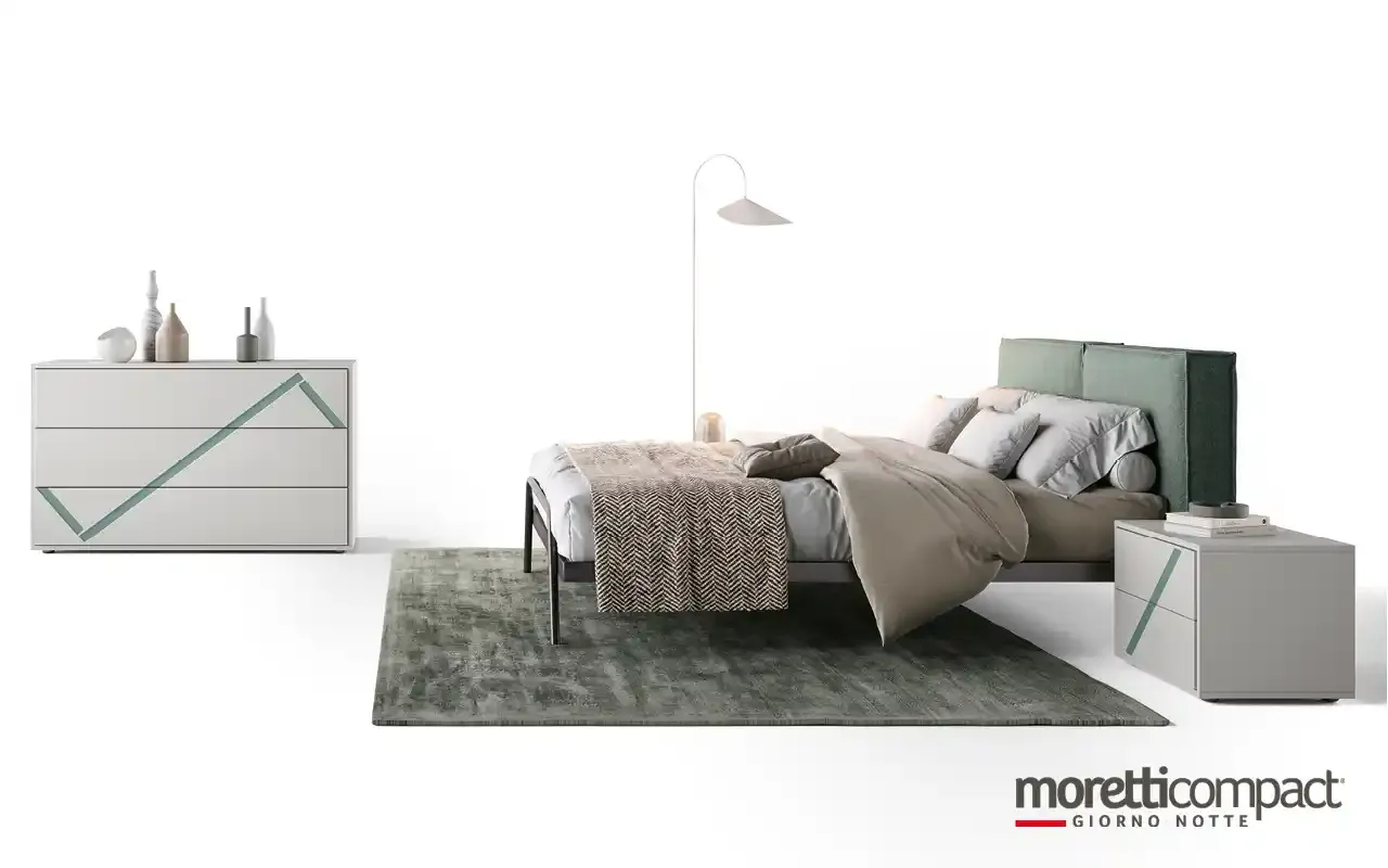 Camera da letto Volturno L11 Moretti Compact con comò grigio a segno obliquo verde e letto imbottito