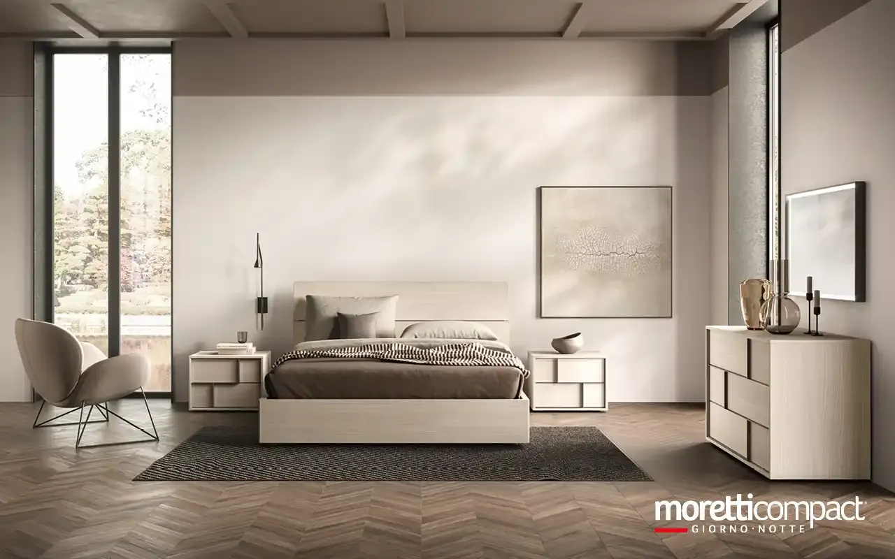 Camera da letto Profile P13 Moretti Compact in frassino cenere con letto Mix e comò