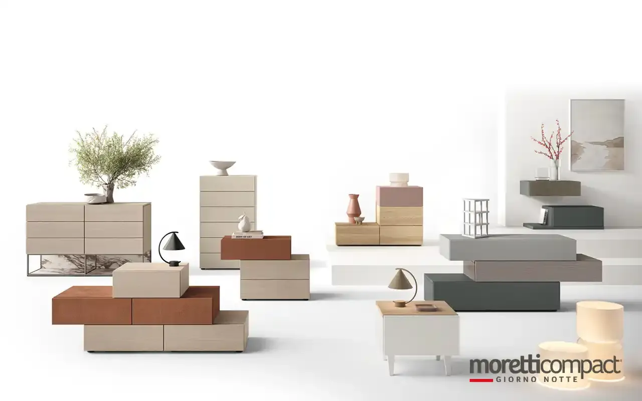 Gruppo notte Modula Moretti Compact con cassettiere e comodini in più colori, a terra e sospesi