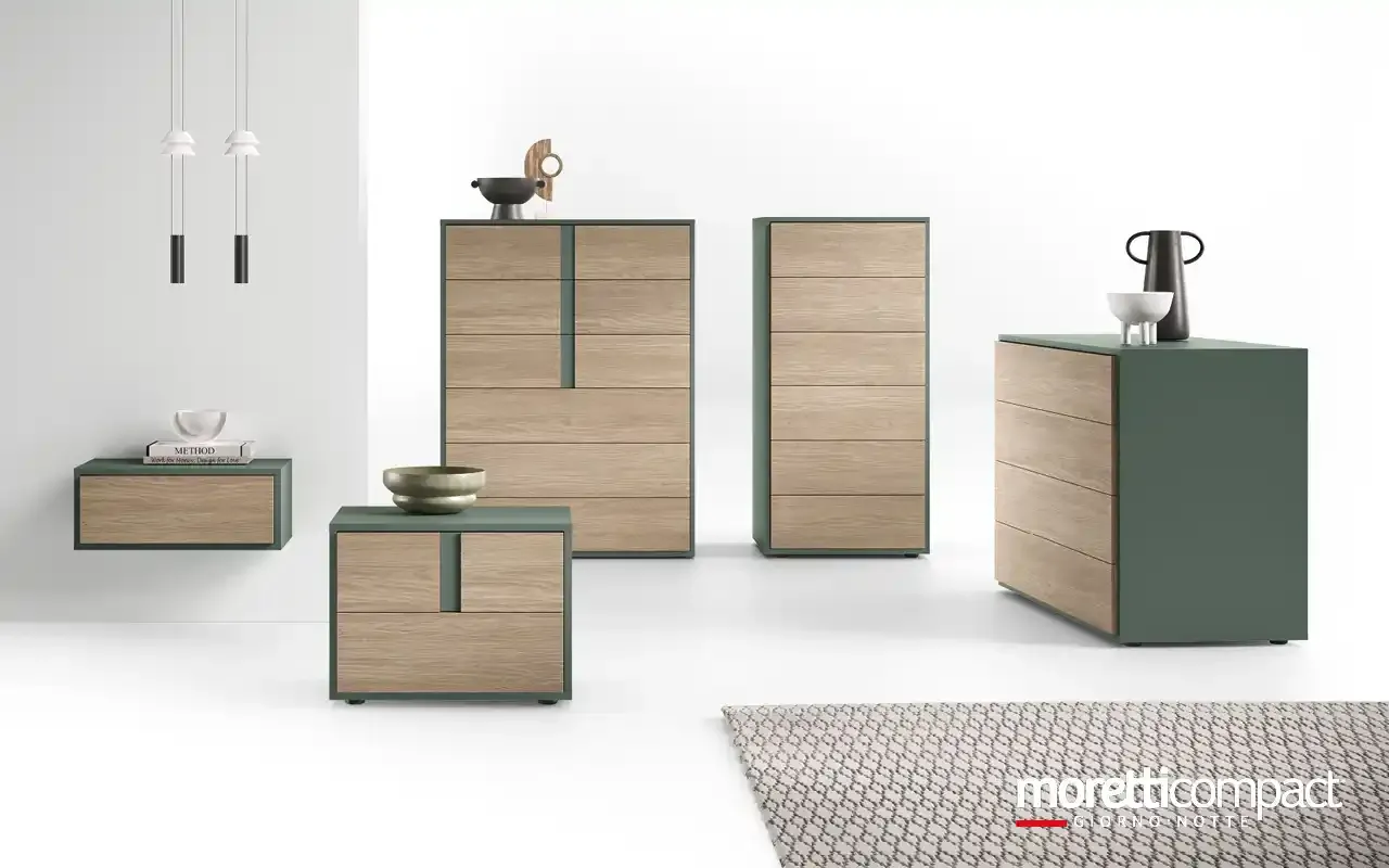 Gruppo notte Cube Moretti Compact con settimini, comò e comodini in legno e laccato verde