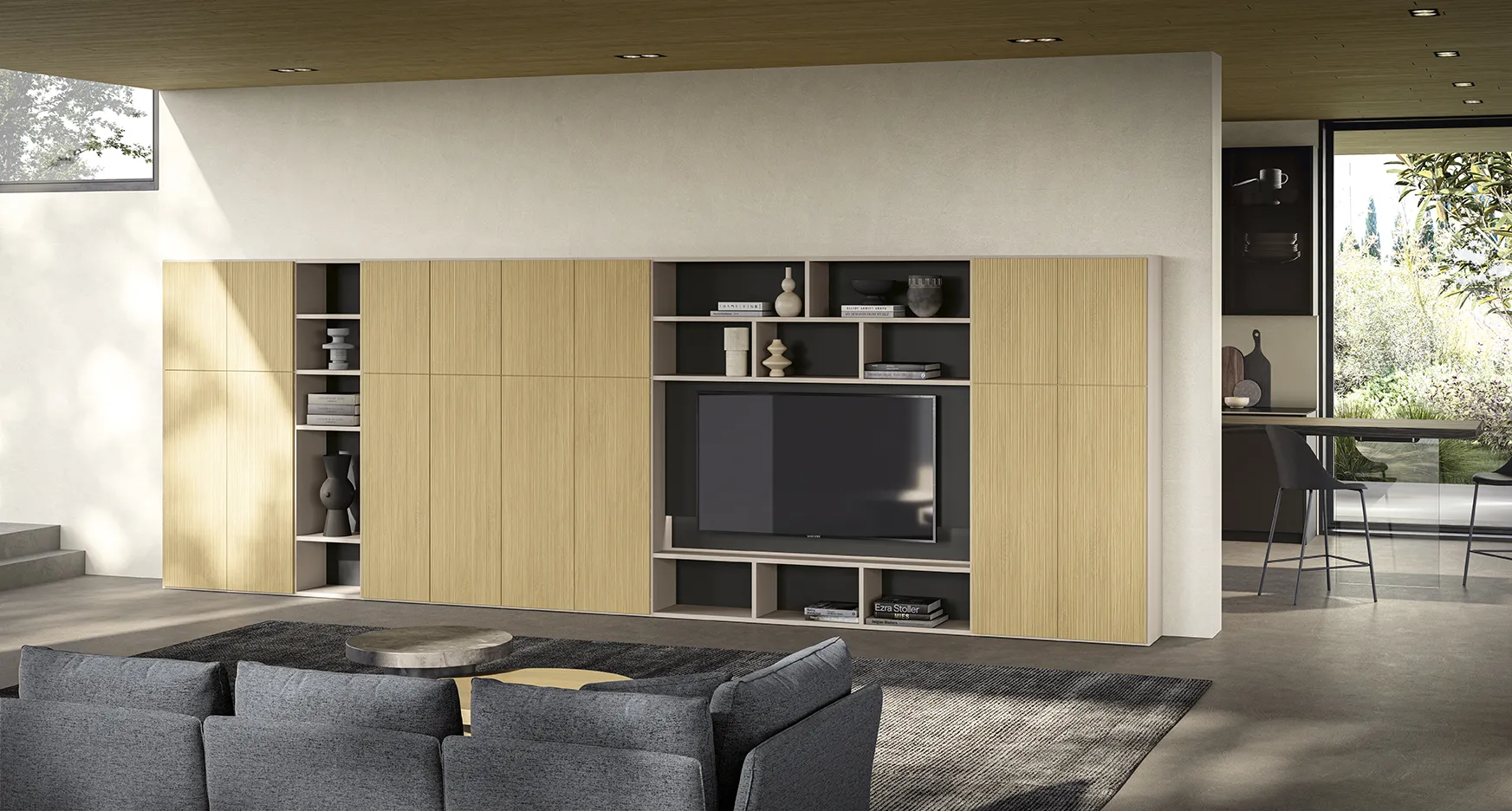 Parete armadio Living Space Il rifugio nel verde Colombini in rovere chiaro con nicchie antracite e vano tv