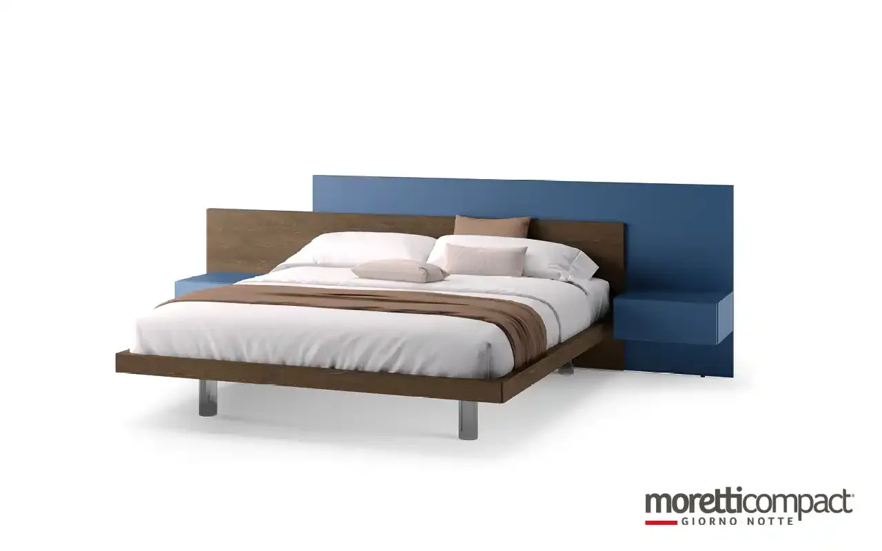 Letto Bipanel Moretti Compact con pannelli in legno e blu e comodini sospesi