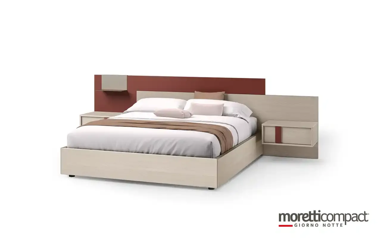 Letto Bipanel 2 Moretti Compact con testata rossa e comodini chiari