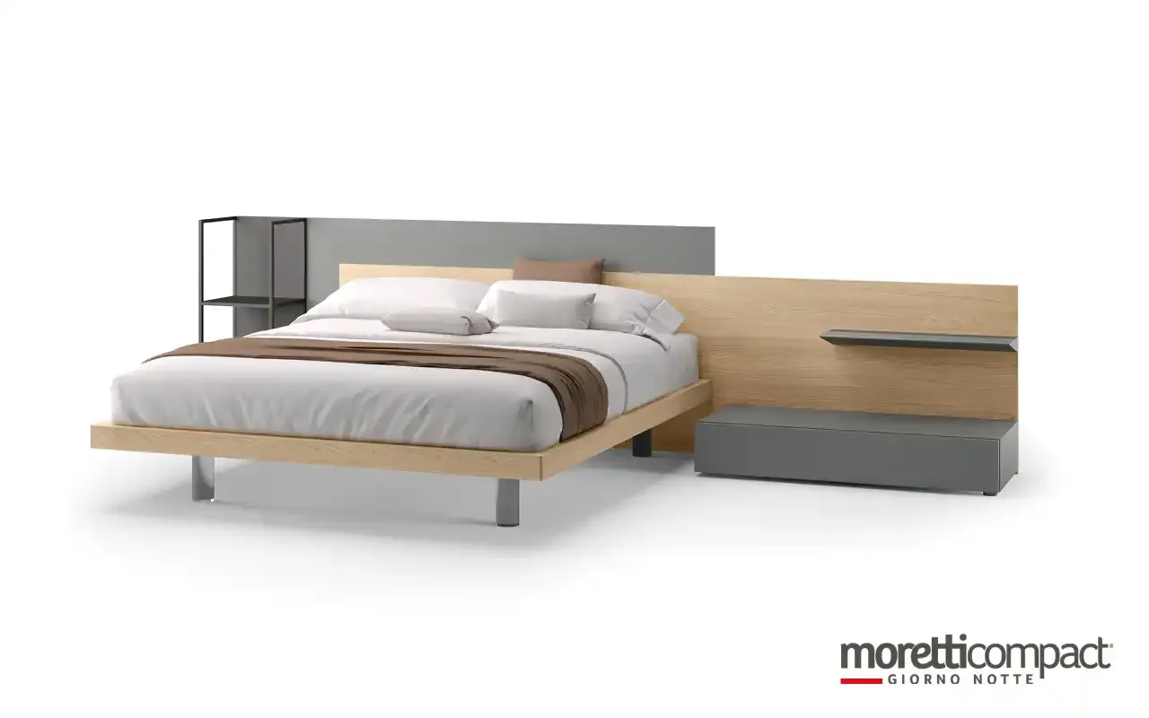 Letto Bipanel 3 Moretti Compact in rovere con pannello grigio e mensola metallica