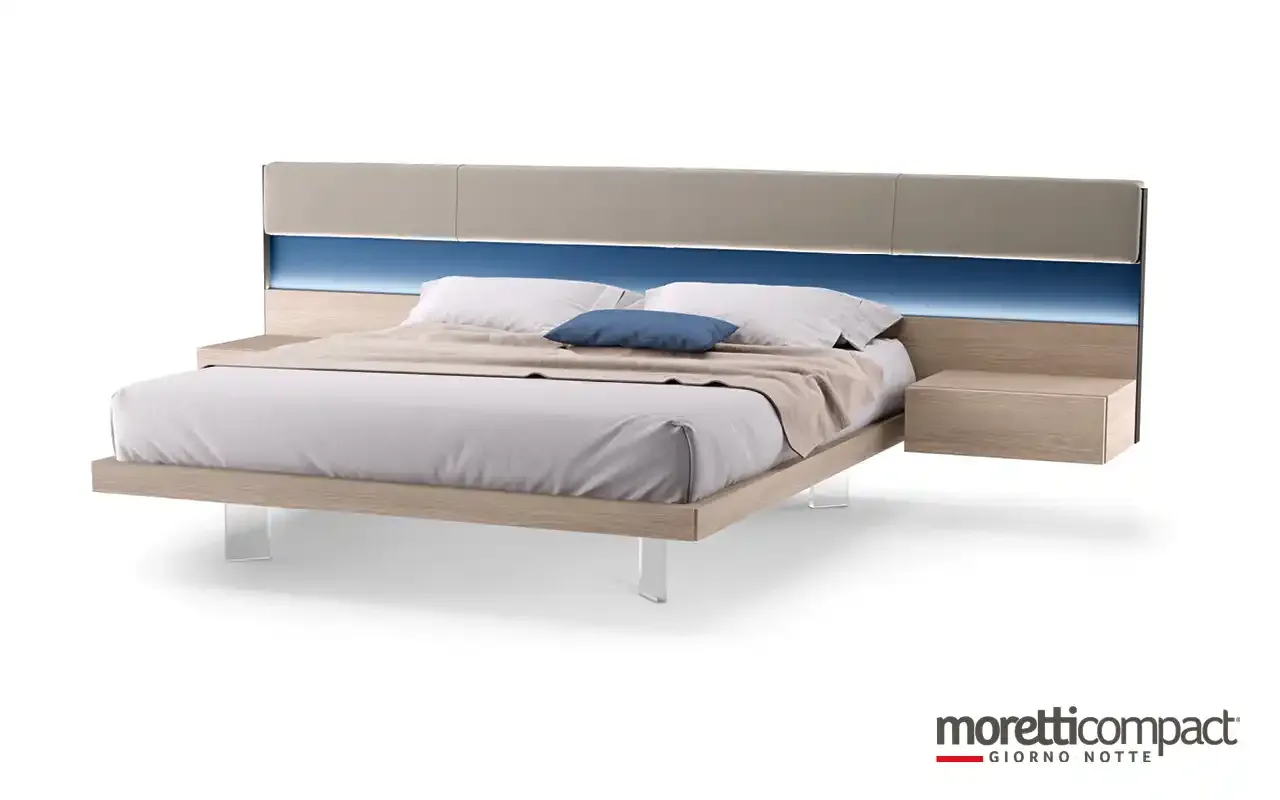 Letto Strip Panels 1 Moretti Compact con luce LED blu e comodino sospeso
