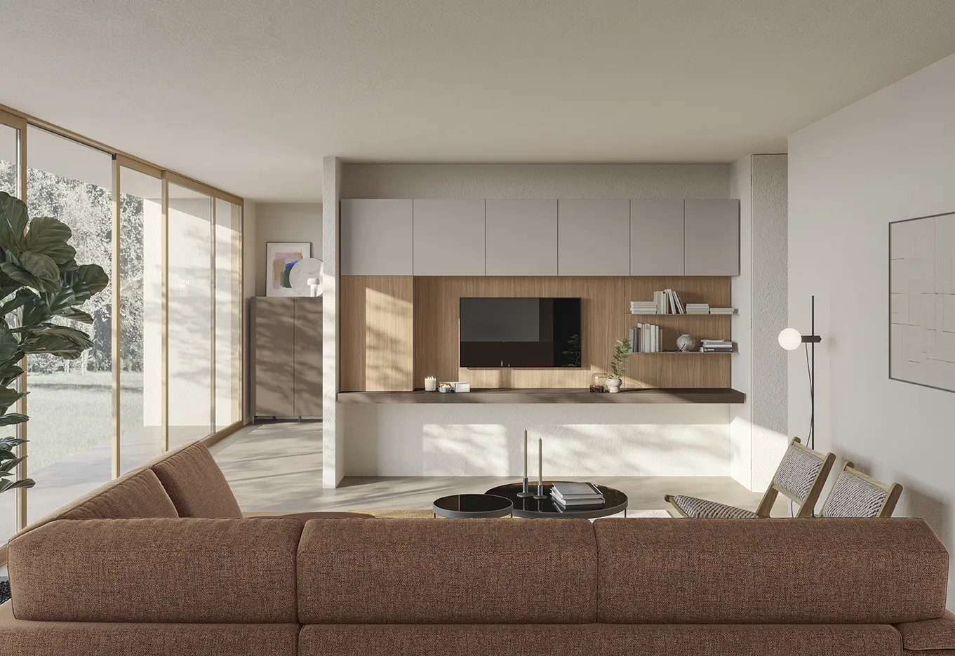 Soggiorno Living Space L'habitat contemporaneo Colombini con pensili chiari, schienale in legno e mensolone
