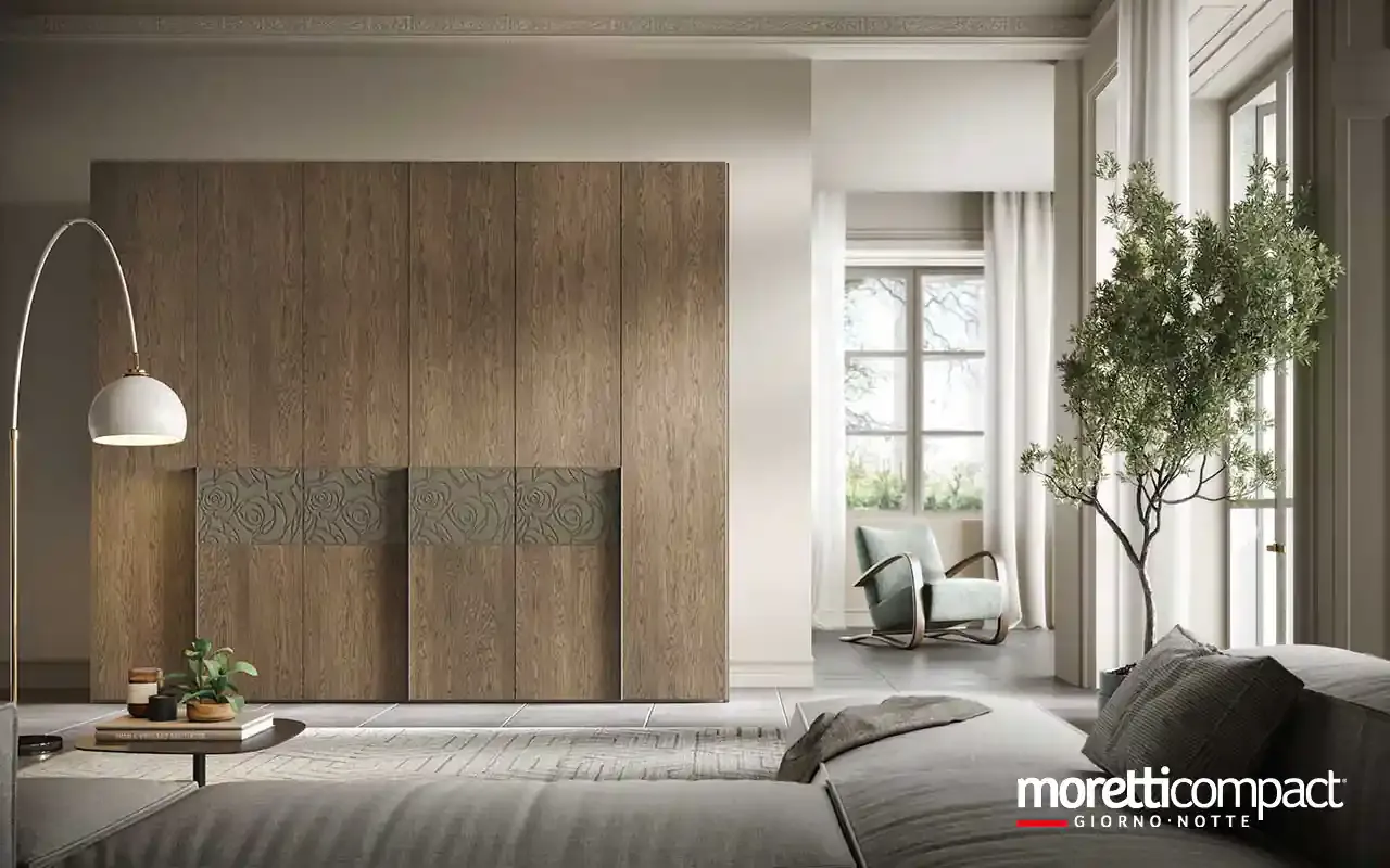 Armadio battente Zenith B361 Moretti Compact in rovere con due ante decorate in malta
