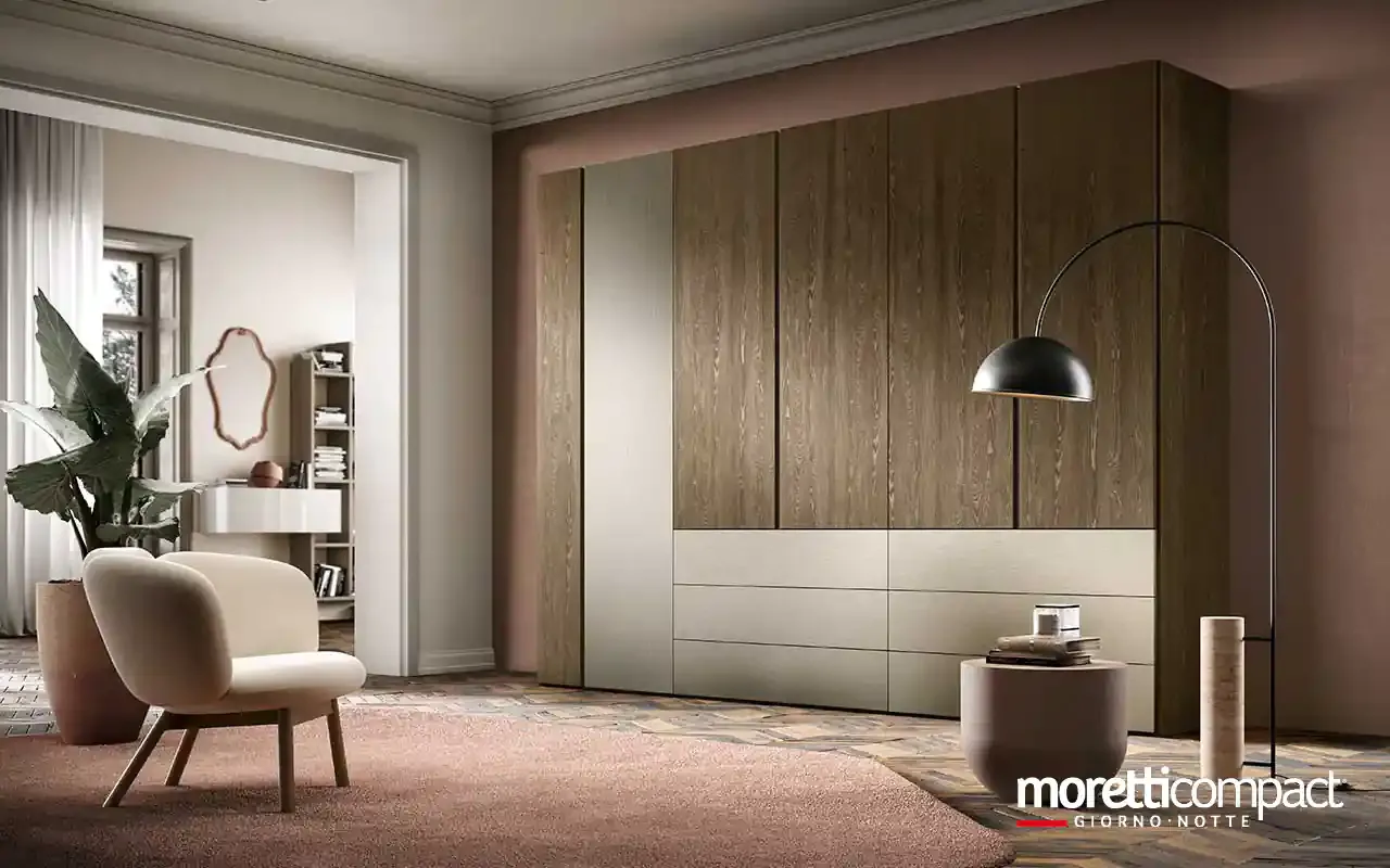 Armadio battente Zenith B367 Moretti Compact in rovere e grigio Nichel con cassetti a vista
