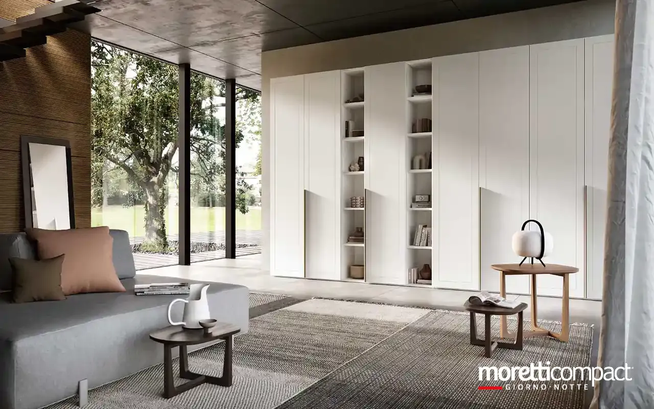 Armadio battente Zenith B368 Moretti Compact bianco con ante incise e due vani libreria