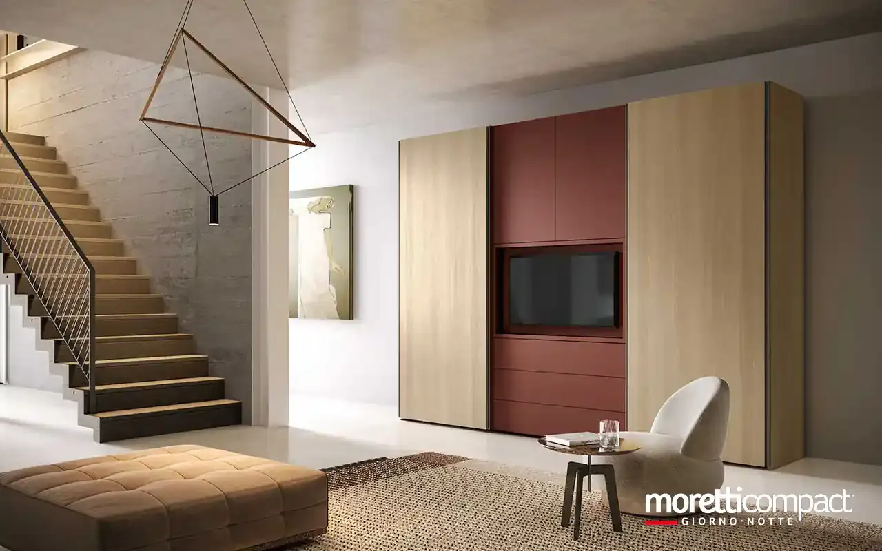 Armadio combinato Zenith C251 Moretti Compact in rovere con vano TV porpora al centro