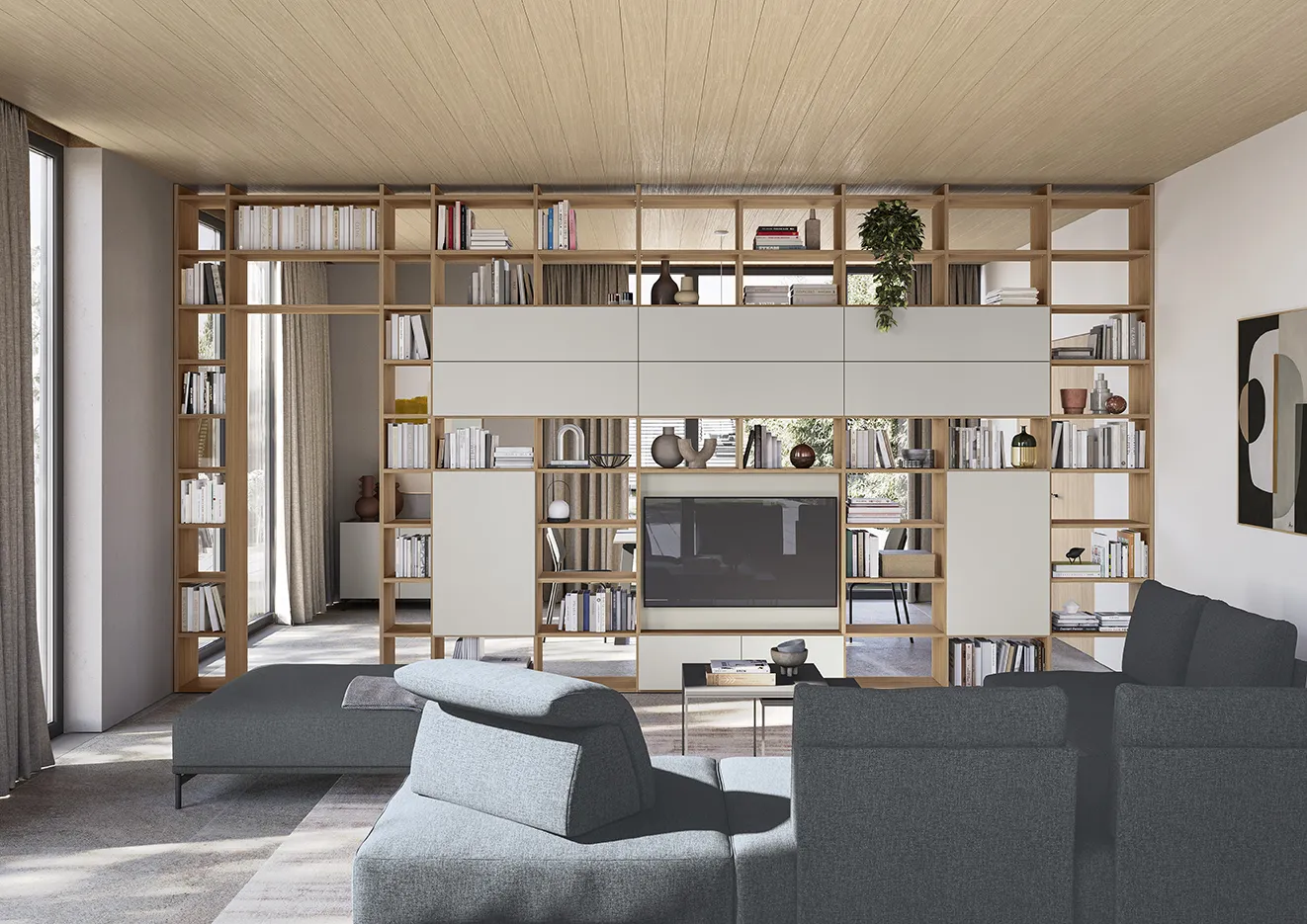 Libreria passante Living Space L'habitat contemporaneo Colombini in legno con contenitori chiari e vano tv