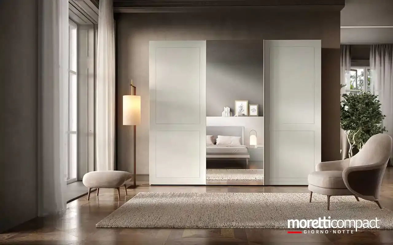 Armadio scorrevole Zenith S178 Moretti Compact chiaro con ante a riquadri e specchio