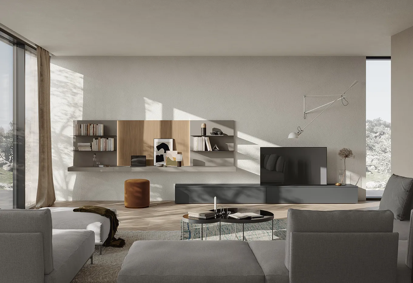 Parete Living Space L'habitat contemporaneo Colombini con pensile a giorno e base antracite porta tv