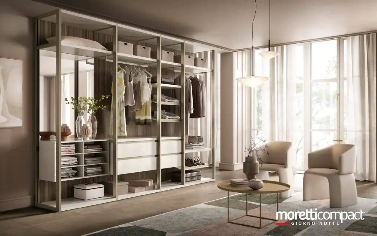 Cabina armadio Omnia A121 Moretti Compact lineare a telaio con cassettiere e luci