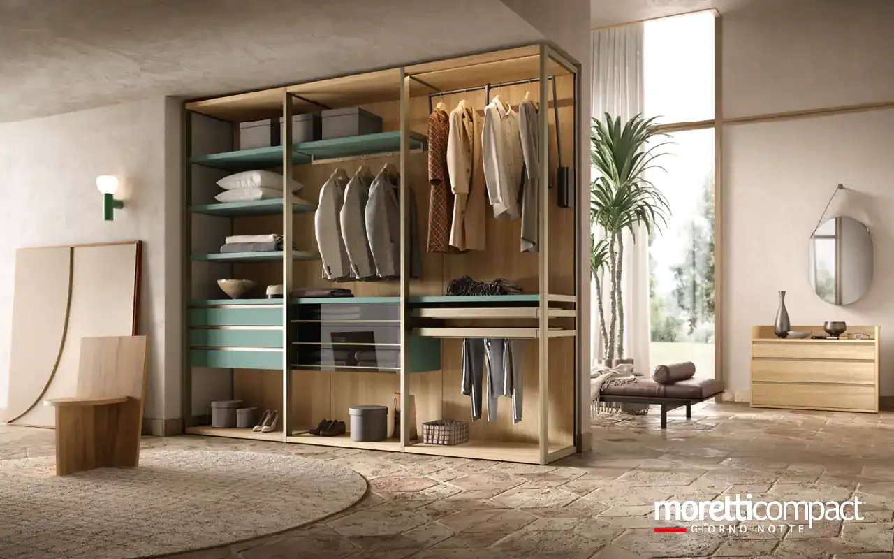 Cabina armadio Omnia A123 Moretti Compact lineare in rovere con ripiani salvia