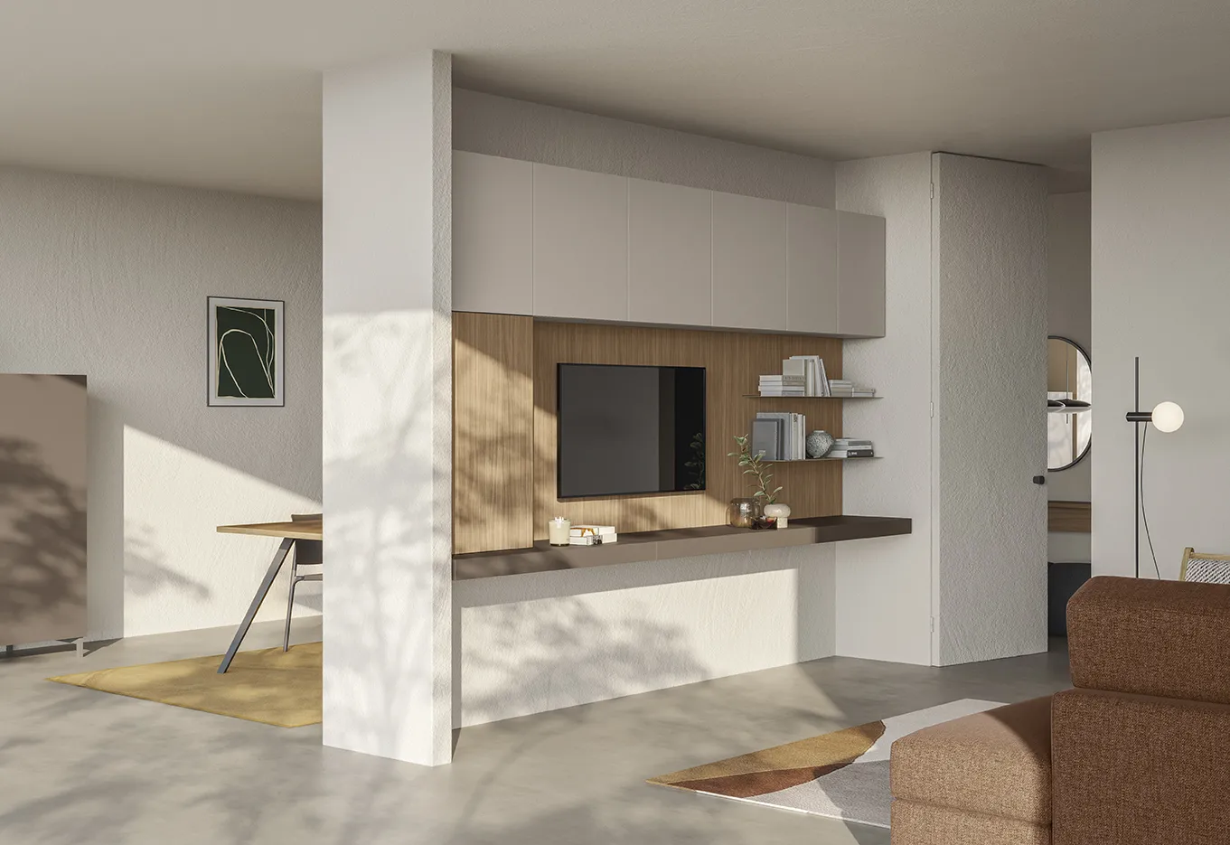 Parete attrezzata Living Space L'habitat contemporaneo Colombini inserita in una nicchia tra due pilastri