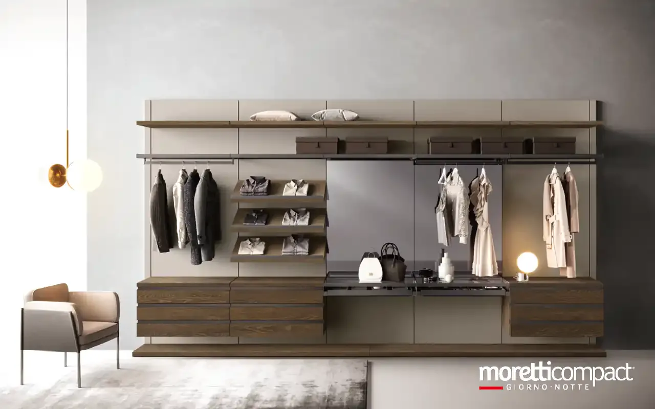 Cabina armadio Omnia G222 Moretti Compact a cremagliera con cassettiera in rovere e appendiabiti