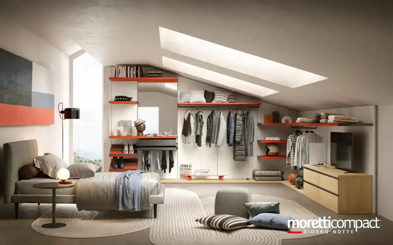 Cabina armadio Omnia G226 Moretti Compact in mansarda con ripiani corallo