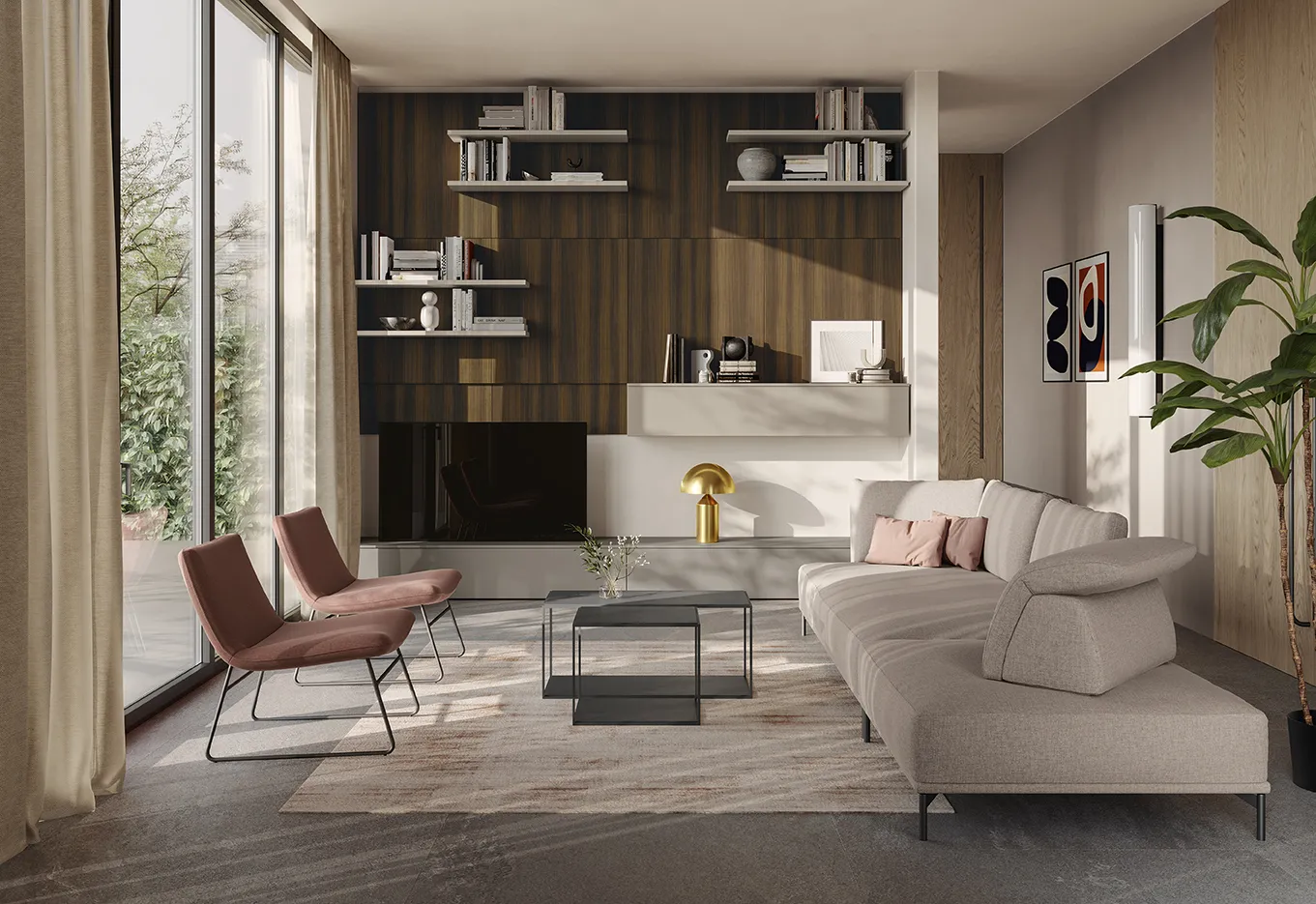 Soggiorno Living Space La residenza calda e materica Colombini con boiserie in legno scuro e mensole chiare