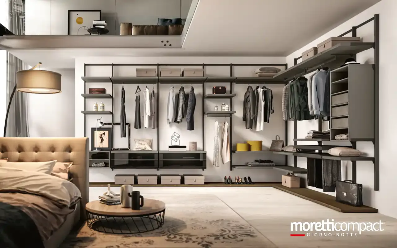 Cabina armadio Omnia O423 Moretti Compact sospesa ad angolo dietro il letto