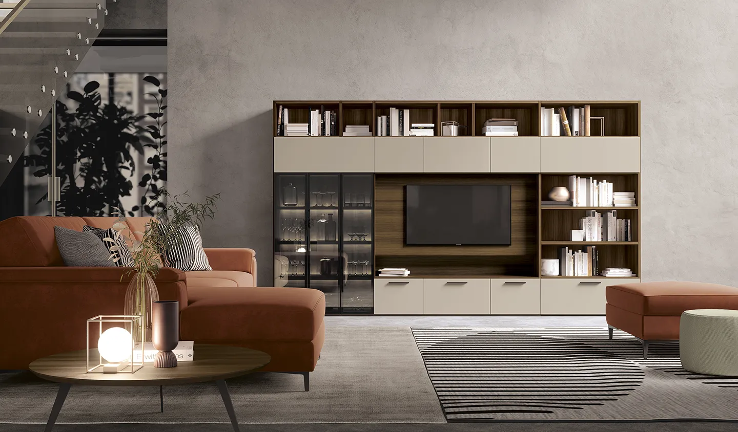 Parete attrezzata Living Space La residenza calda e materica Colombini con vetrina illuminata e ante tortora