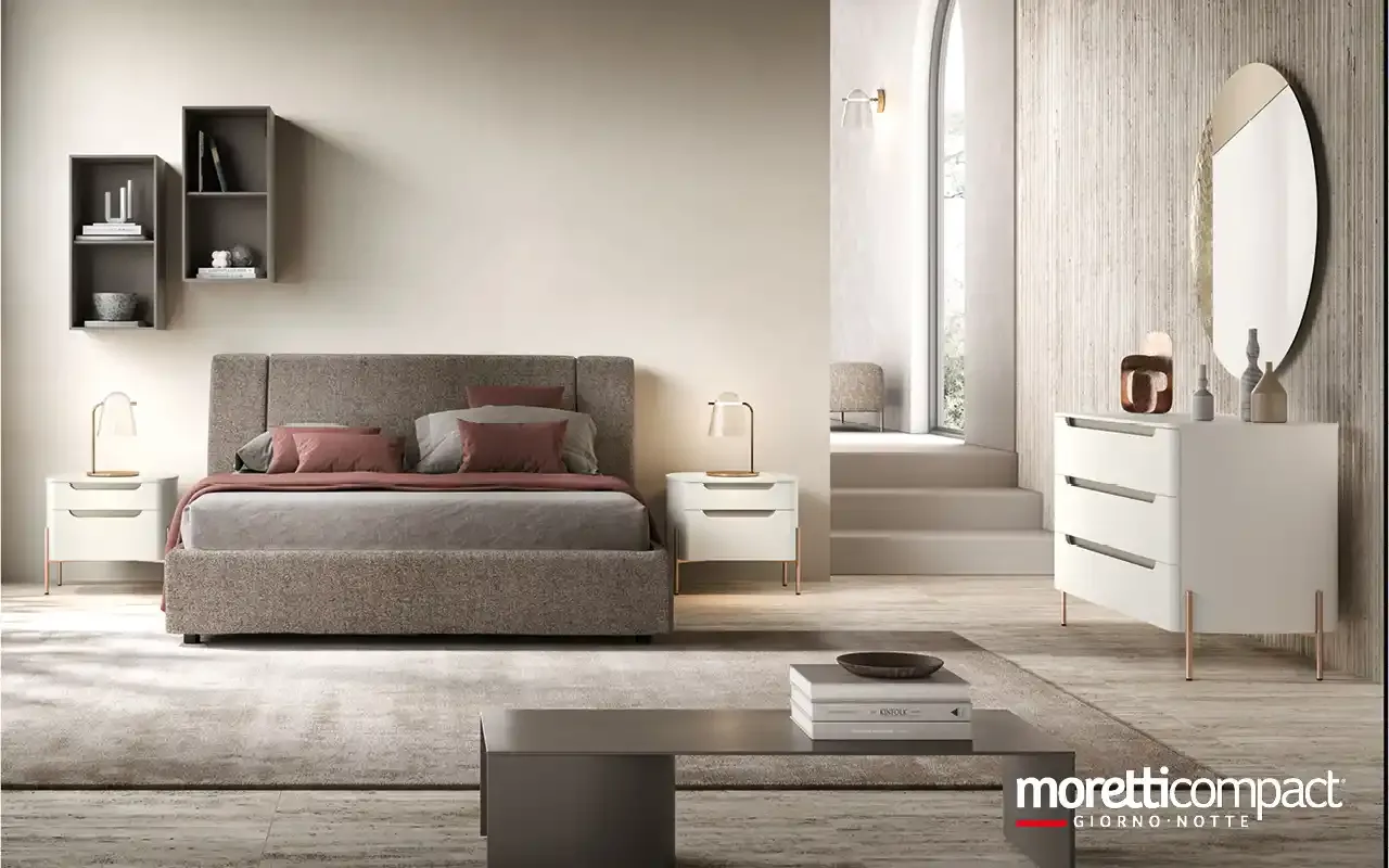 Camera da letto Ambra A12 Moretti Compact con letto imbottito grigio e comodini bianchi