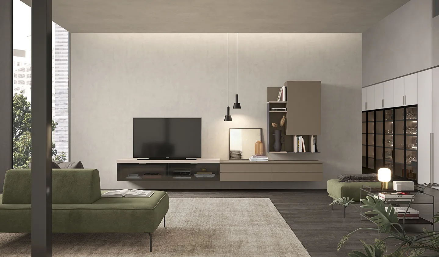 Soggiorno Living Space La residenza calda e materica Colombini con base sospesa a vetro e pensile tortora