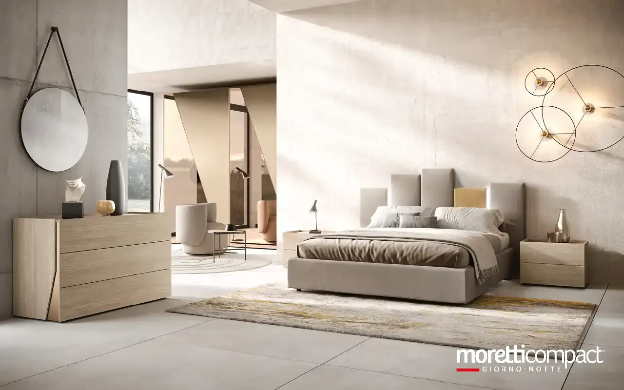 Camera da letto Brezza B12 Moretti Compact con letto Puzzle e comò in rovere gessato