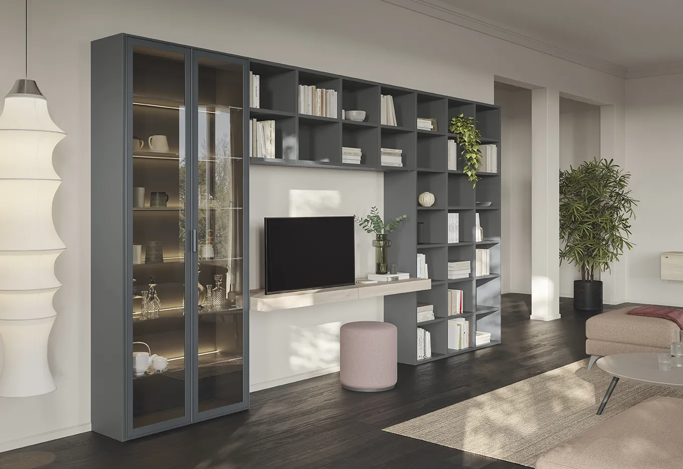 Soggiorno Living Space L'appartamento d'epoca Colombini con libreria a ponte grigio-azzurra e vetrina illuminata