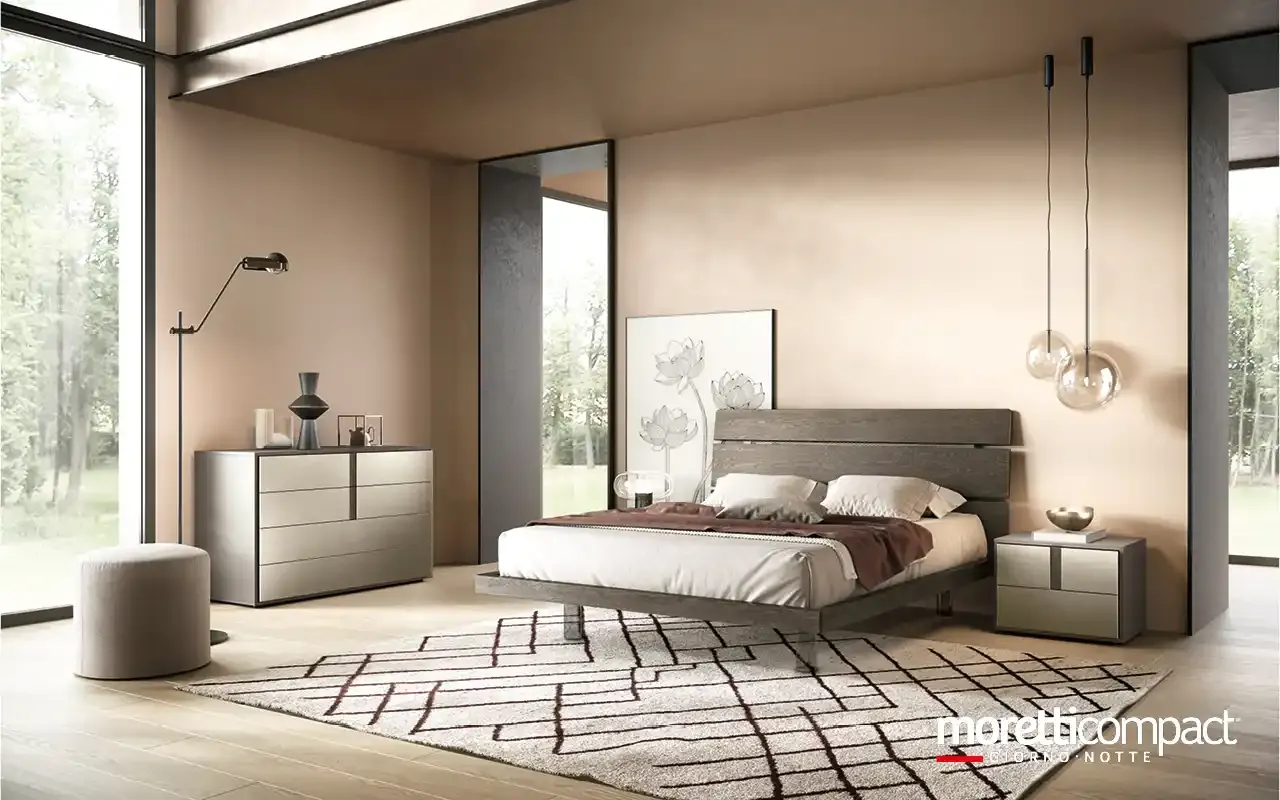 Camera da letto Cube C12 Moretti Compact con letto Tree e comò pietra con inserti
