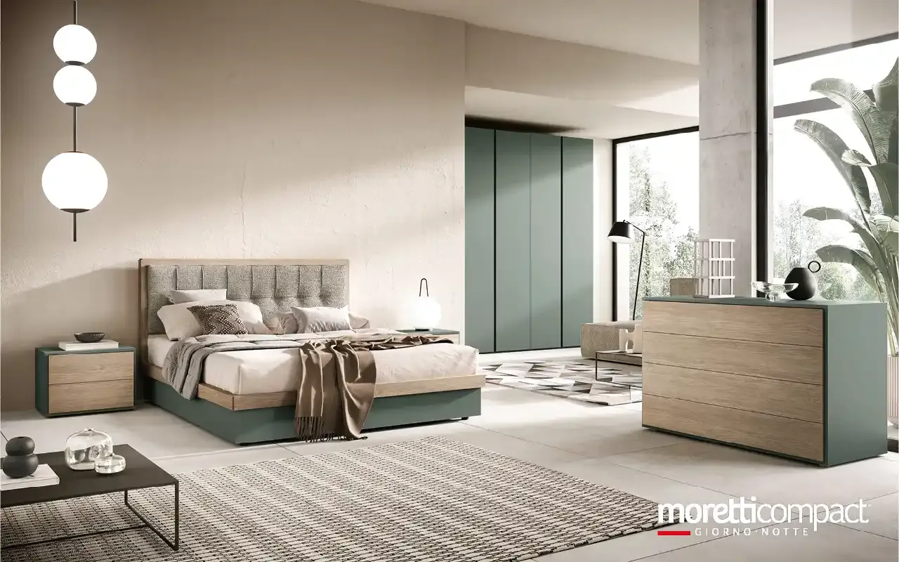 Camera da letto Cube C14 Moretti Compact con letto imbottito e comò muschio e rovere
