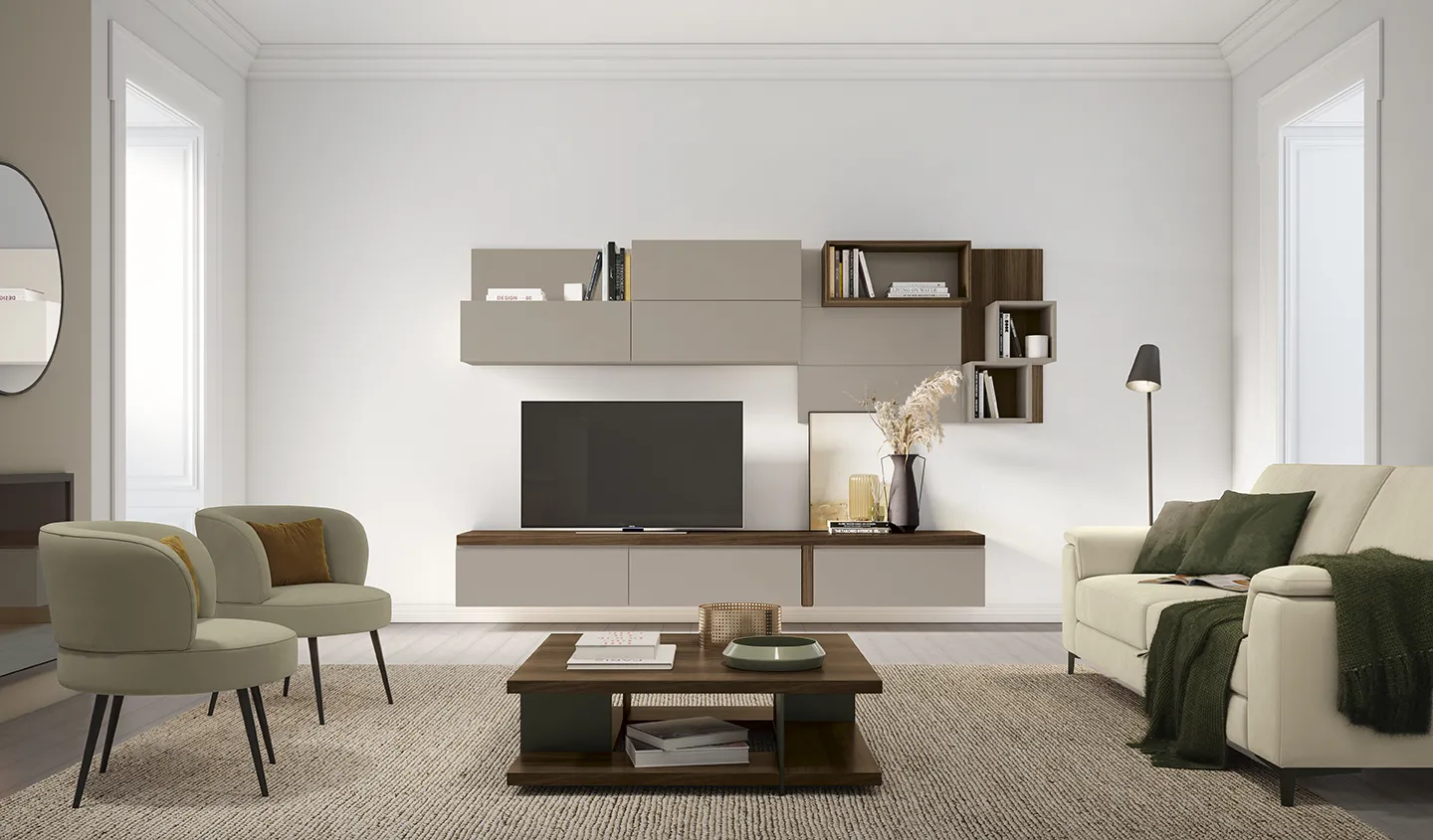 Parete attrezzata Living Space L'appartamento d'epoca Colombini con pensili tortora e cubi in legno scuro