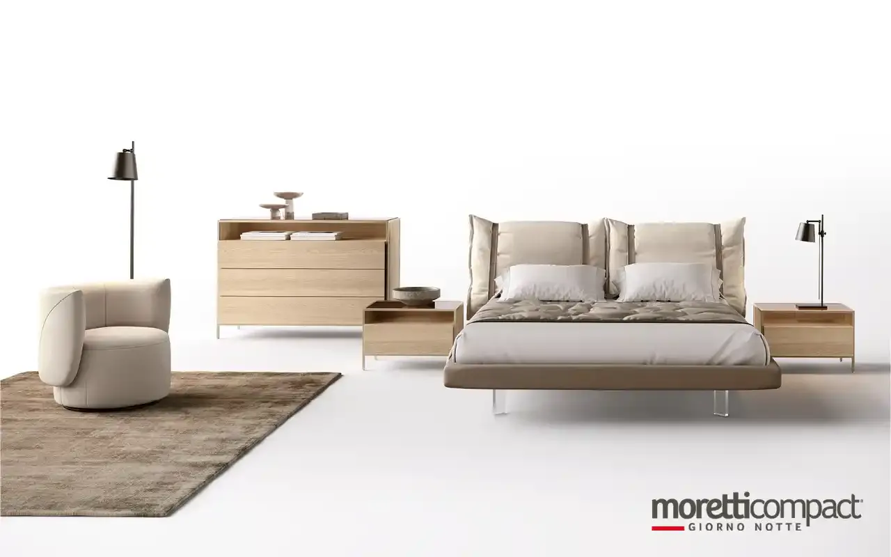 Camera da letto Frame F11 Moretti Compact con letto imbottito e comò in rovere miele