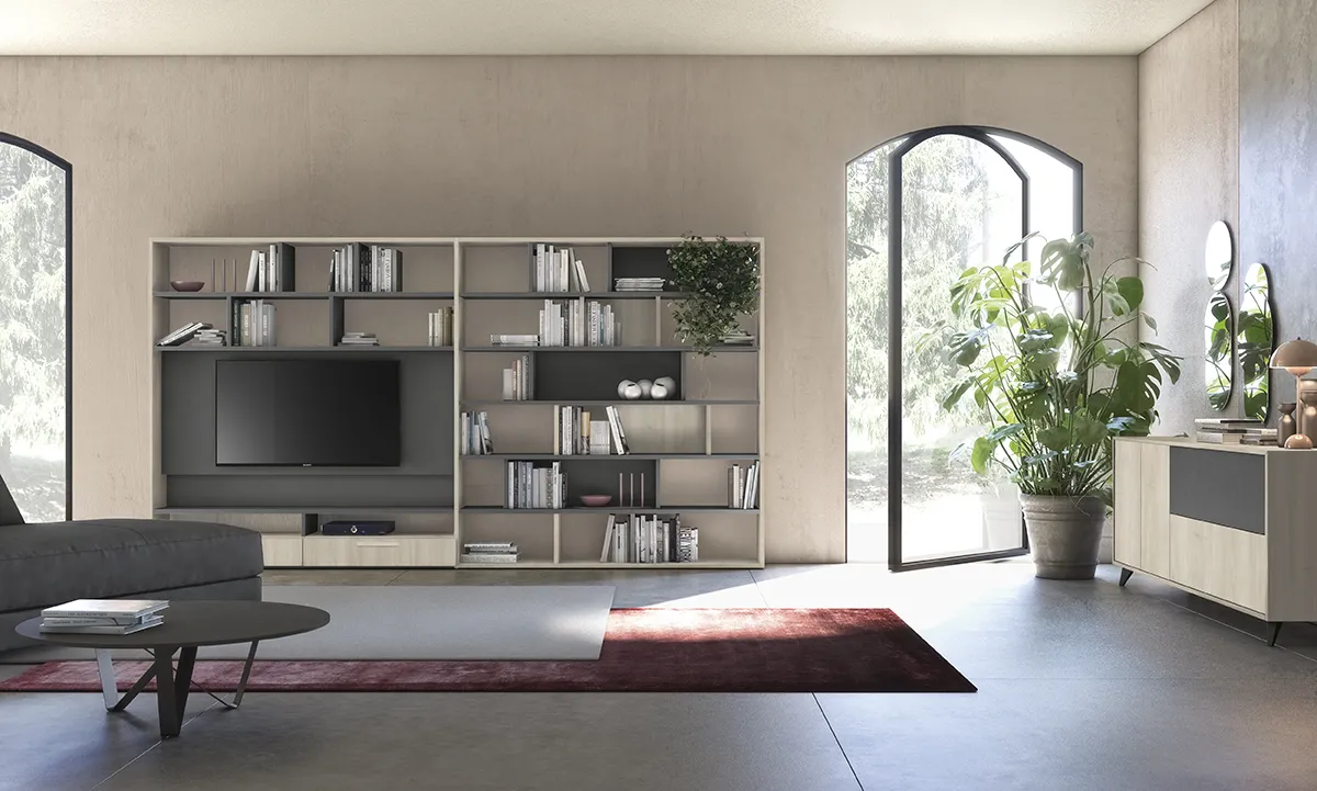 Libreria Living Space L'appartamento d'epoca Colombini con ripiani sfalsati, schienale scuro e madia