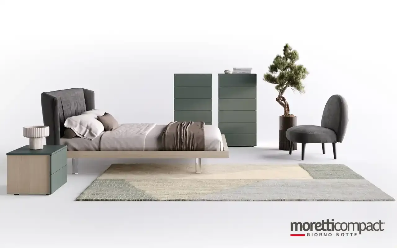 Camera da letto Argo I11 Moretti Compact con letto Kaus imbottito e settimino verde