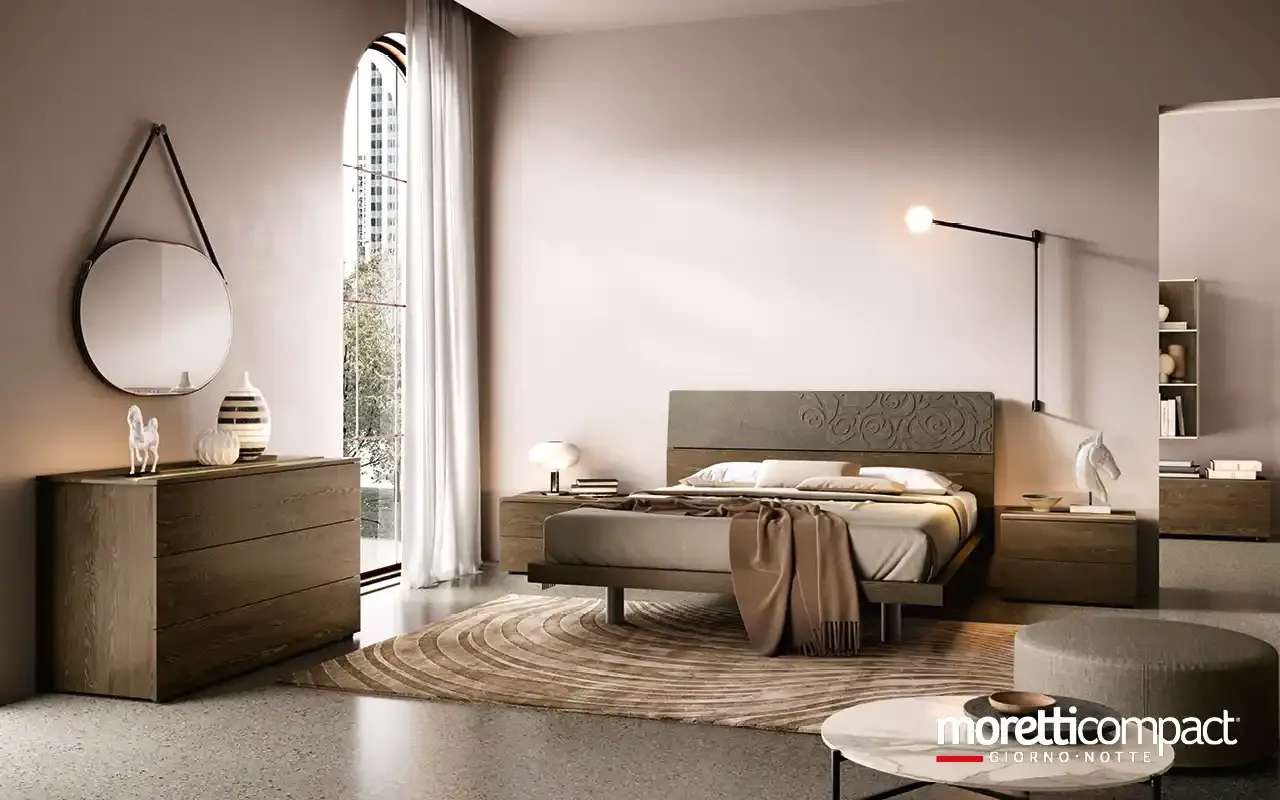 Camera da letto Argo I12 Moretti Compact con letto Mix decorato e comò in rovere