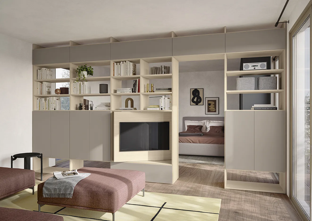 Libreria divisoria Living Space Il loft essenziale e luminoso Colombini con tv orientabile tra soggiorno e camera
