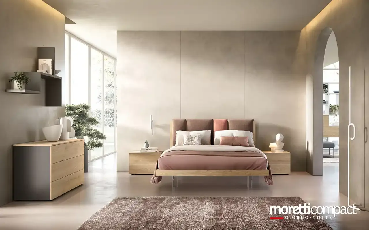 Camera da letto Argo I13 Moretti Compact con letto Take e comò in rovere miele