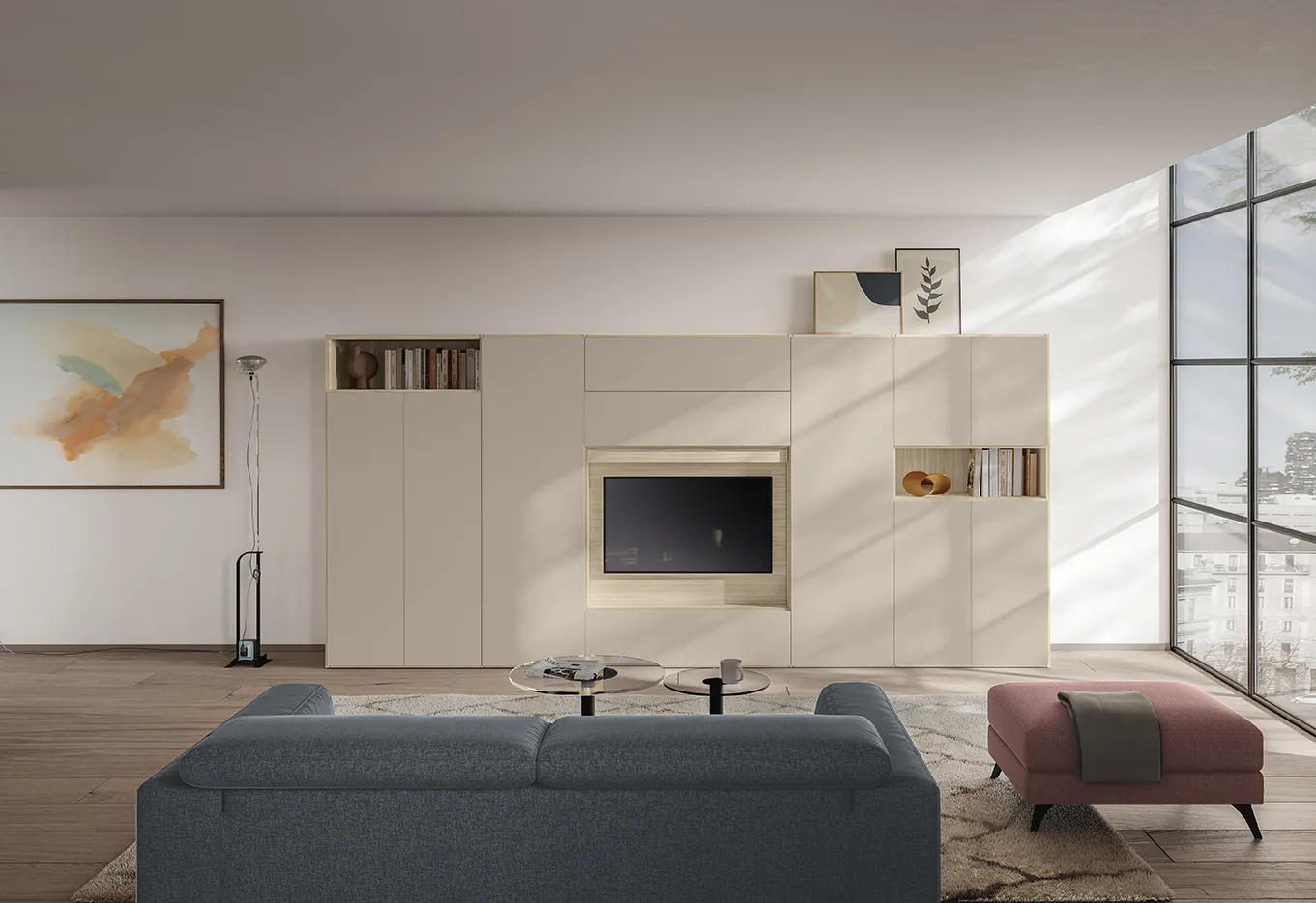 Parete di ante crema Living Space Il loft essenziale e luminoso Colombini con nicchia tv in legno